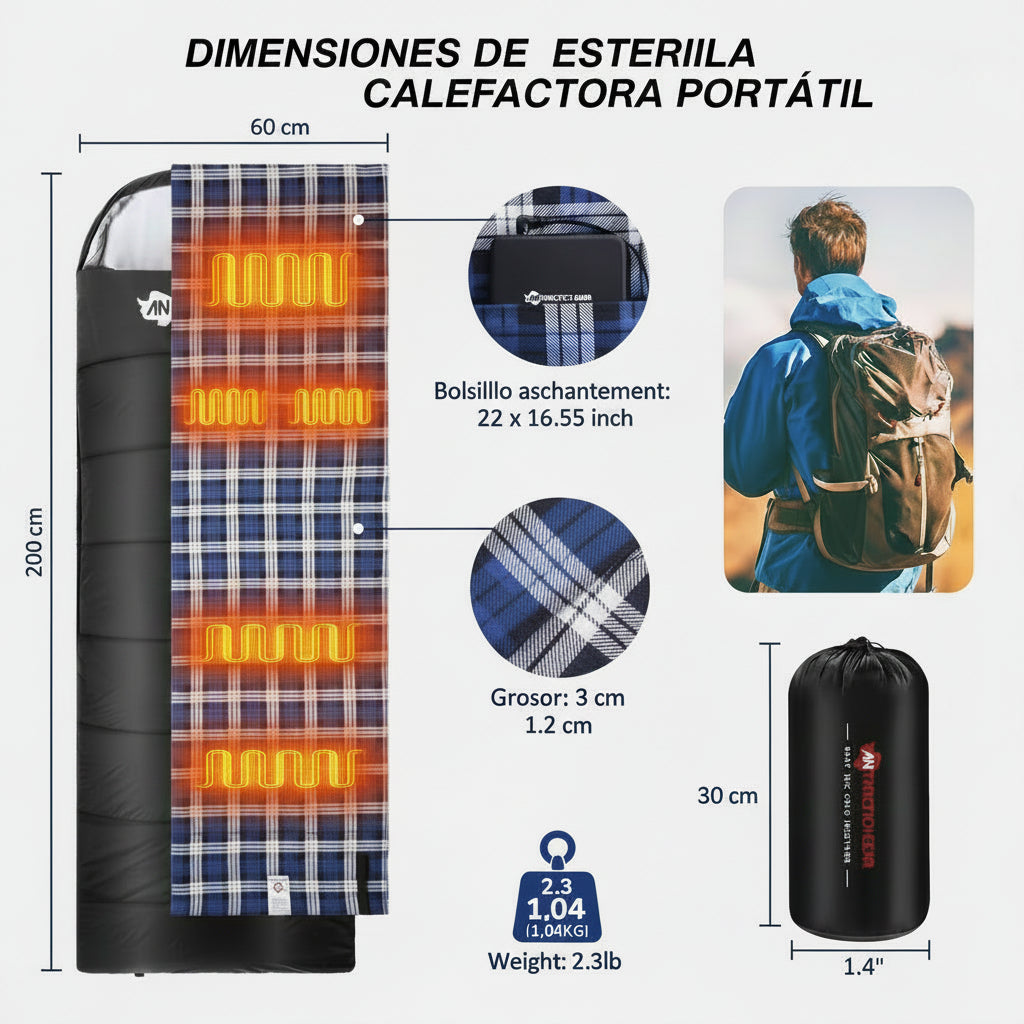 ANTARCTICA GEAR Manta térmica con Calefacción | Almohadilla Calefactora con Batería | Calentador Eléctrico para Saco de Dormir