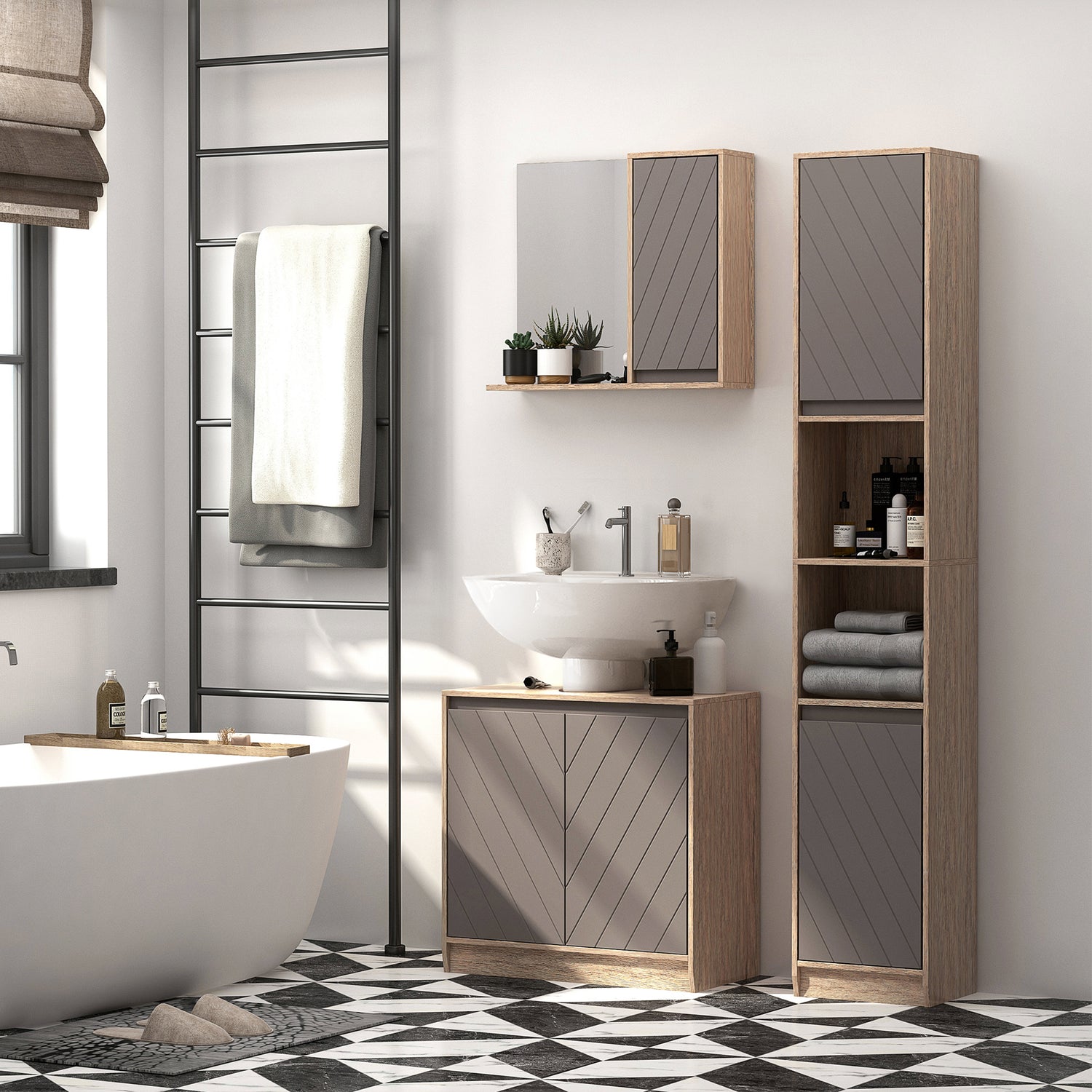 Conjunto mueble para lavabo, armario con espejo y muble auxiliar