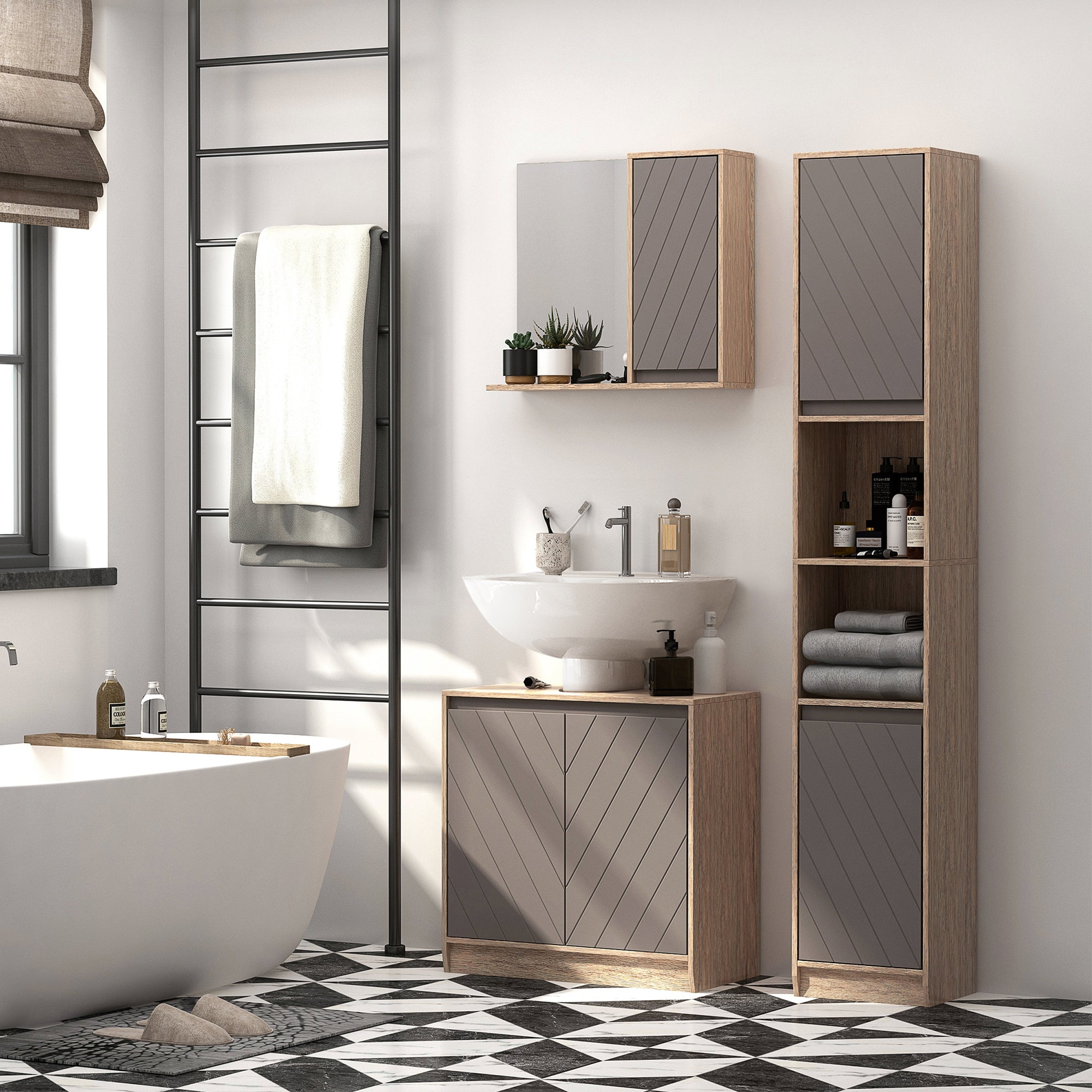 Ensemble de Meuble sous lavabo, armoire avec miroir et meuble colonne pour salle de bain en bois chêne Clair Gris