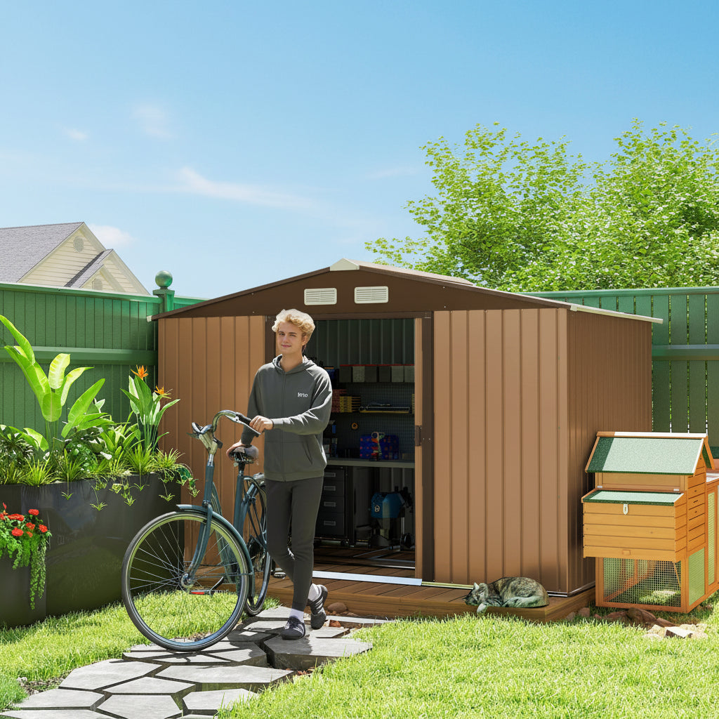 Caseta de jardín marrón de chapa con base de refuerzo incluida  4,9m2