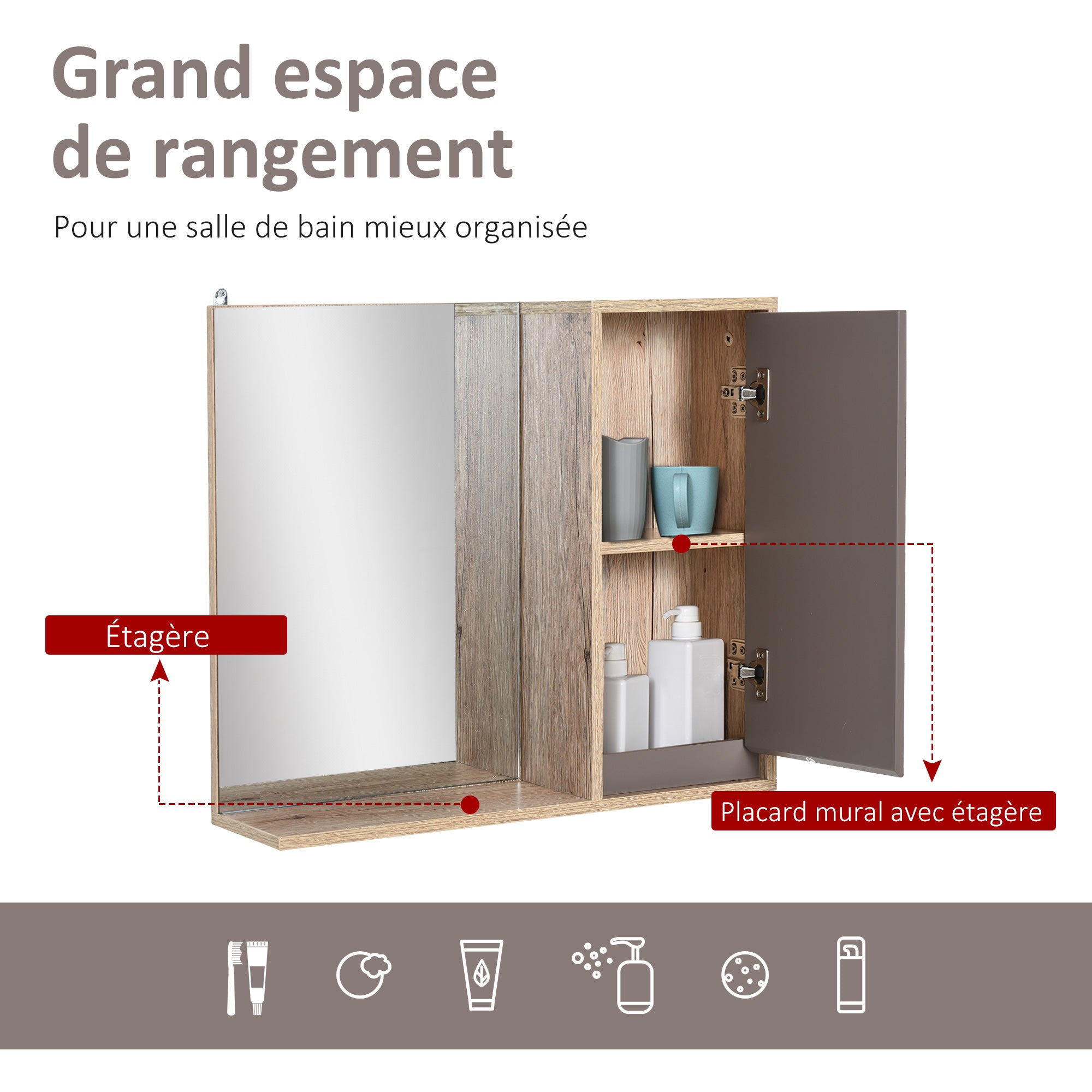 Ensemble de Meuble sous lavabo, armoire avec miroir et meuble colonne pour salle de bain en bois chêne Clair Gris