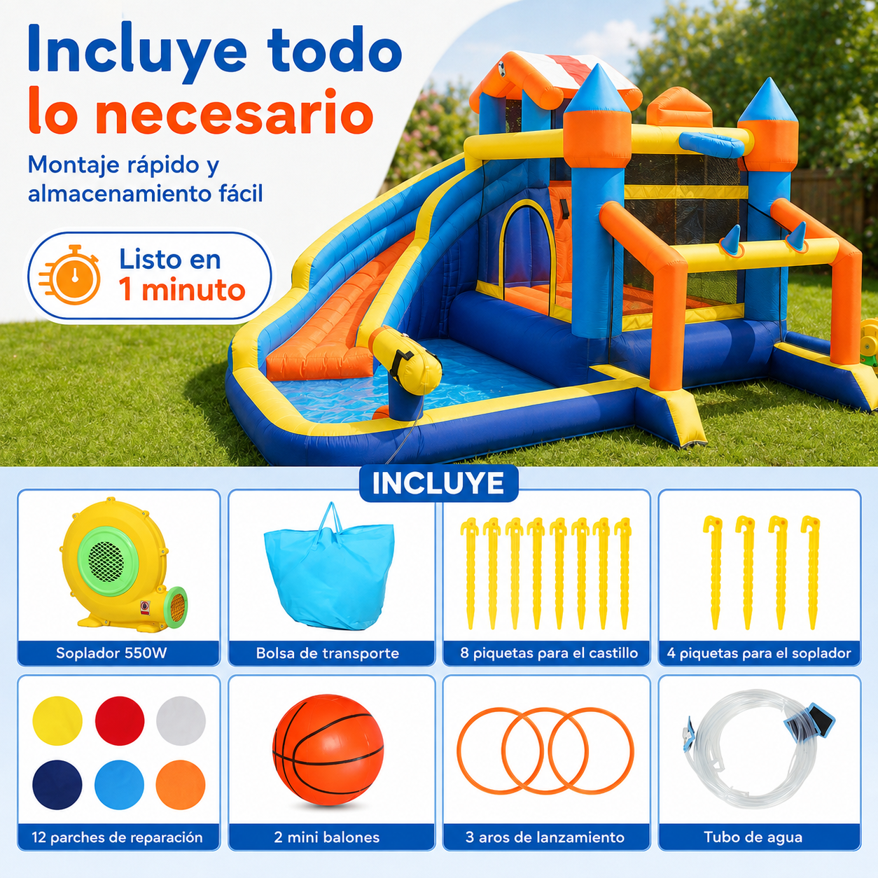 Castillo hinchable acuático AIYAPLAY 8 en 1 con soplador 550 W y piscina