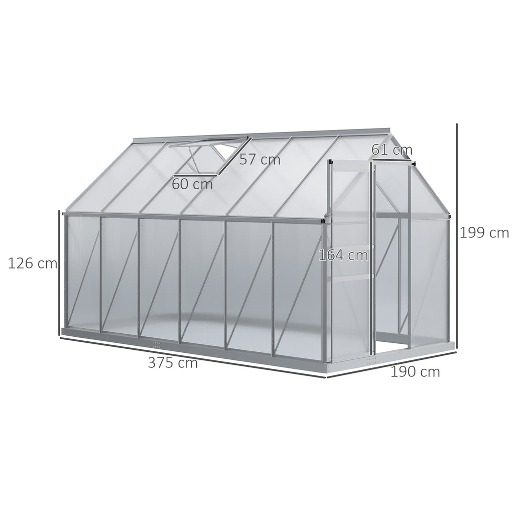 Invernadero de aluminio y policarbonato de 7,1 m² con cimientos, 190 x 375 x 199 cm, invernadero con ventana