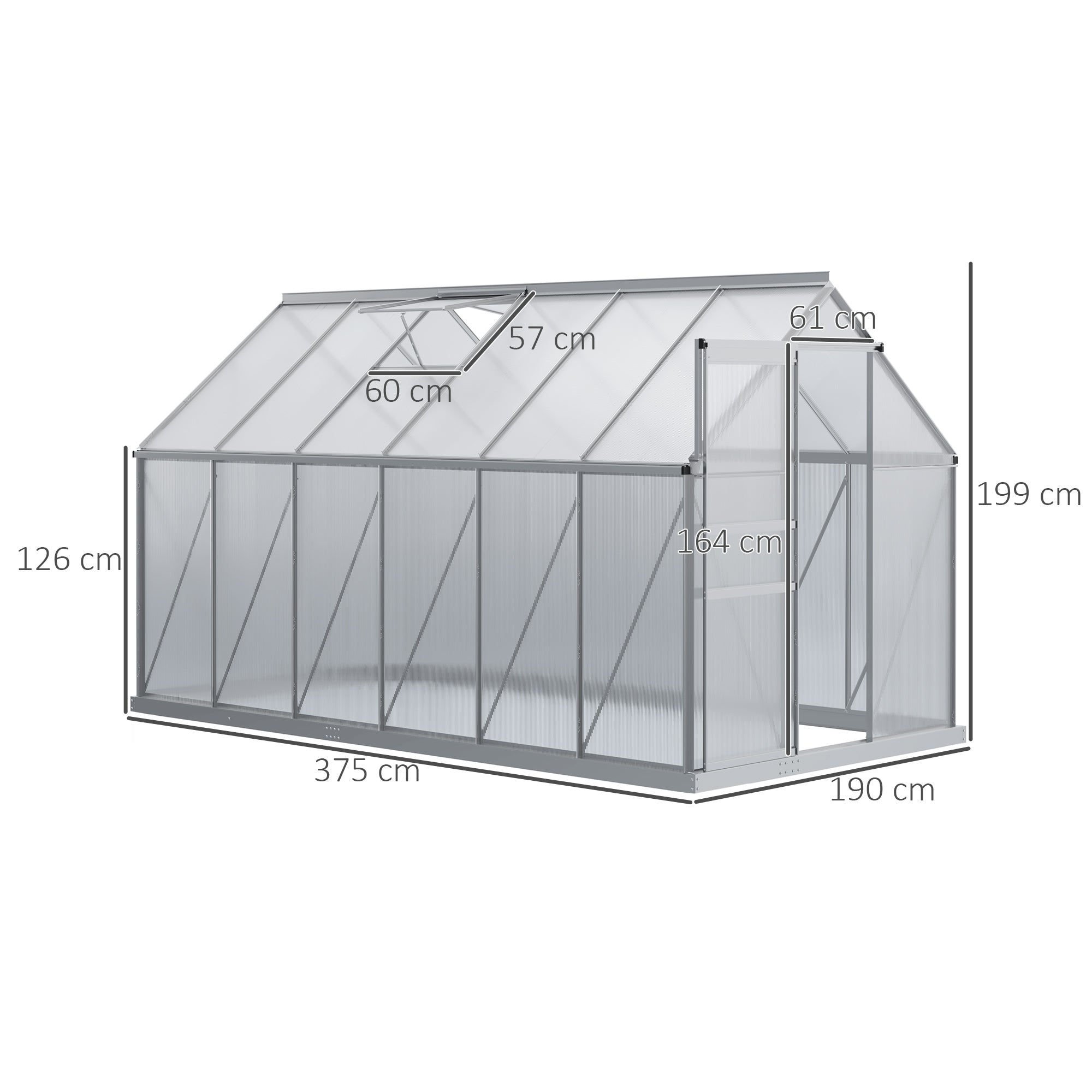 Invernadero de aluminio y policarbonato de 7,1 m² con cimientos, 190 x 375 x 199 cm, invernadero con ventana
