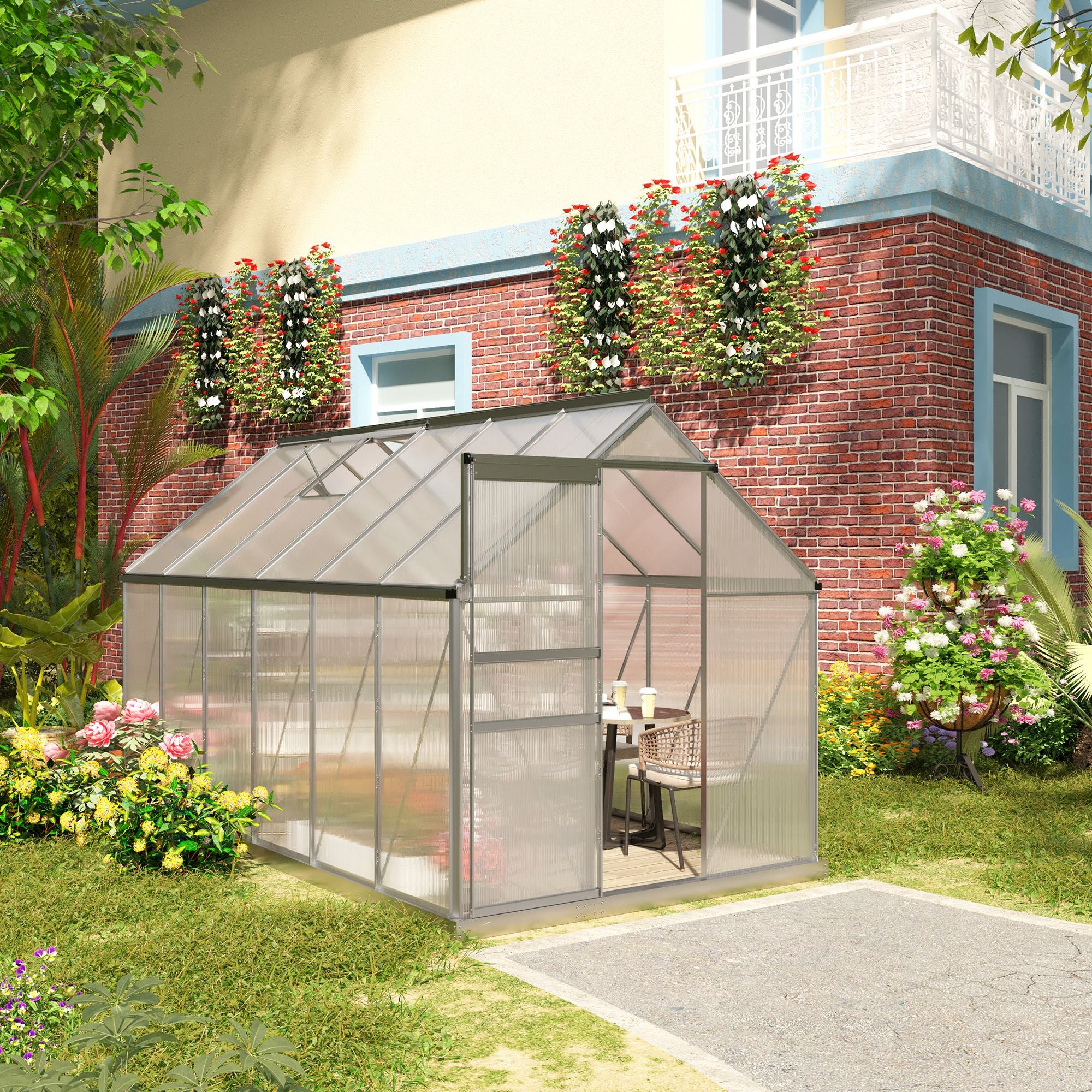 Invernadero de aluminio y policarbonato de 7,1 m² con cimientos, 190 x 375 x 199 cm, invernadero con ventana