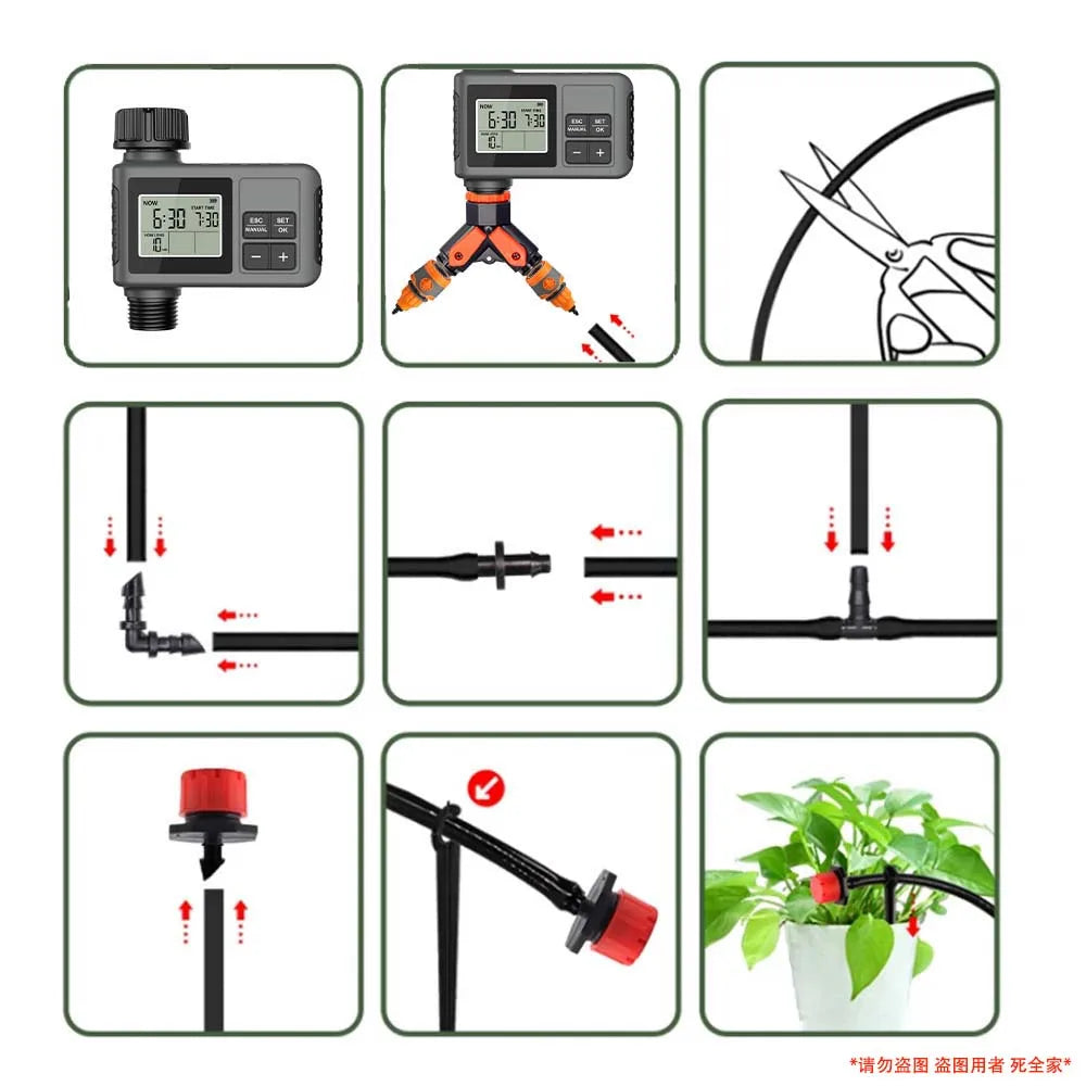 Temporizador de Riego para Jardín LCD 30-5m con Boquilla Giratoria Regulable 0-80 L/H – Sistema de Riego Automático Inteligente