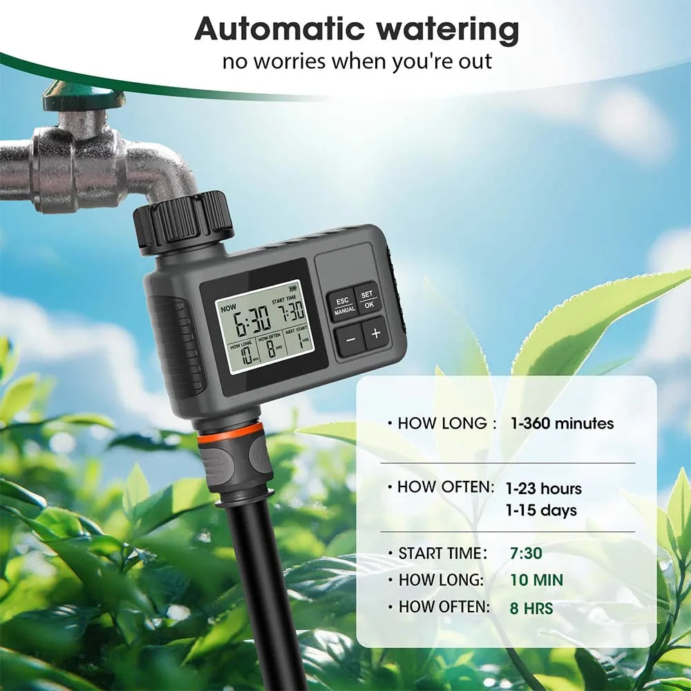 Temporizador de Riego para Jardín LCD 30-5m con Boquilla Giratoria Regulable 0-80 L/H – Sistema de Riego Automático Inteligente