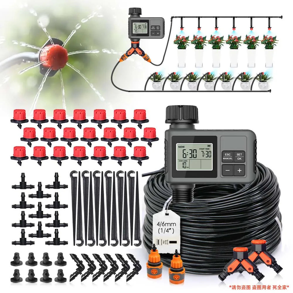 Temporizador de Riego para Jardín LCD 30-5m con Boquilla Giratoria Regulable 0-80 L/H – Sistema de Riego Automático Inteligente