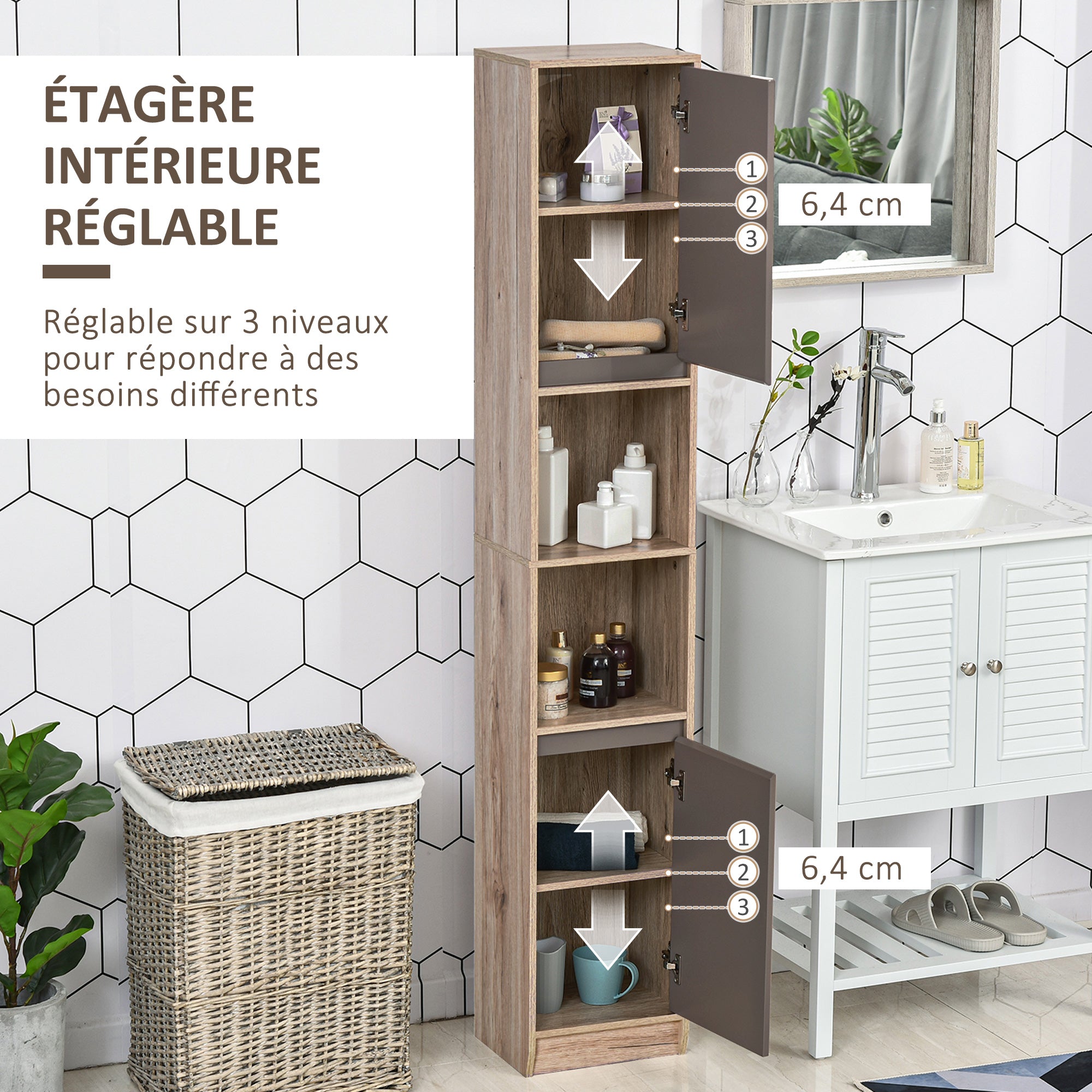 Ensemble de Meuble sous lavabo, armoire avec miroir et meuble colonne pour salle de bain en bois chêne Clair Gris