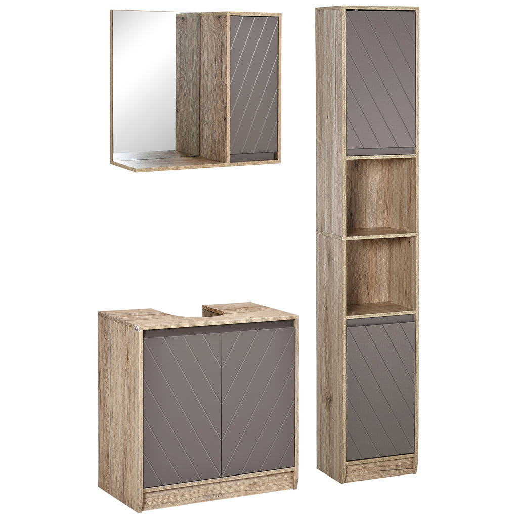 Ensemble de Meuble sous lavabo, armoire avec miroir et meuble colonne pour salle de bain en bois chêne Clair Gris