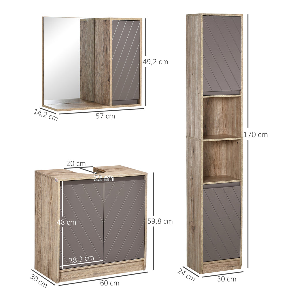 Ensemble de Meuble sous lavabo, armoire avec miroir et meuble colonne pour salle de bain en bois chêne Clair Gris