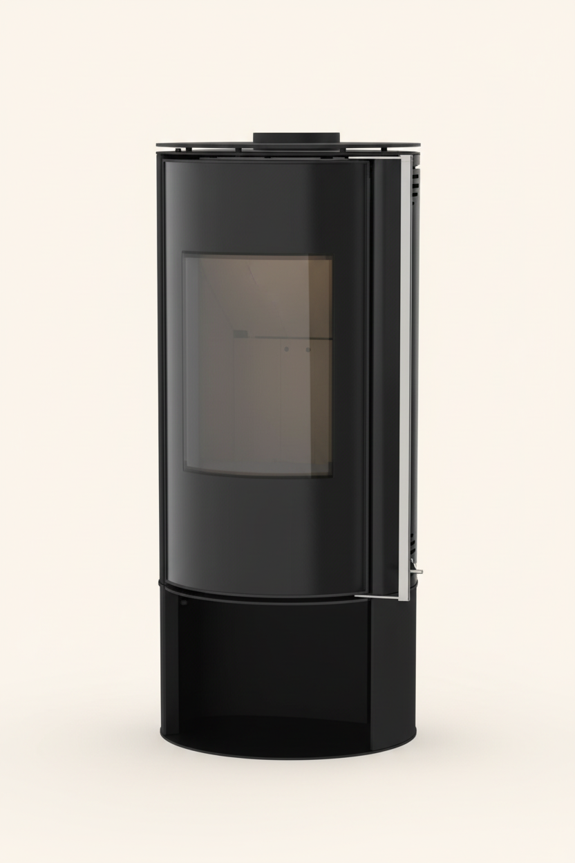 Estufa de leña GREENHEISS AMBER modelo 940-B en vista de tres cuartos sobre fondo claro