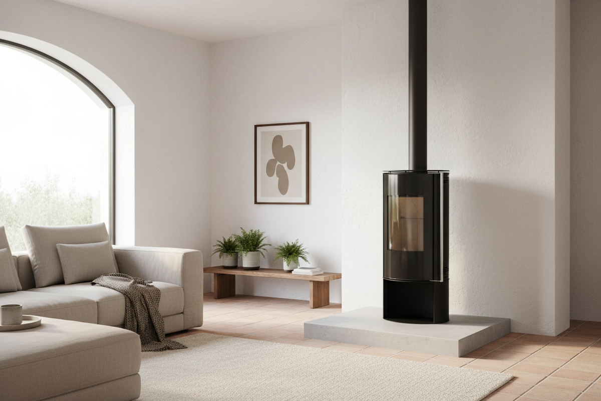 Estufa de leña GREENHEISS AMBER modelo 940-B instalada en un salón moderno