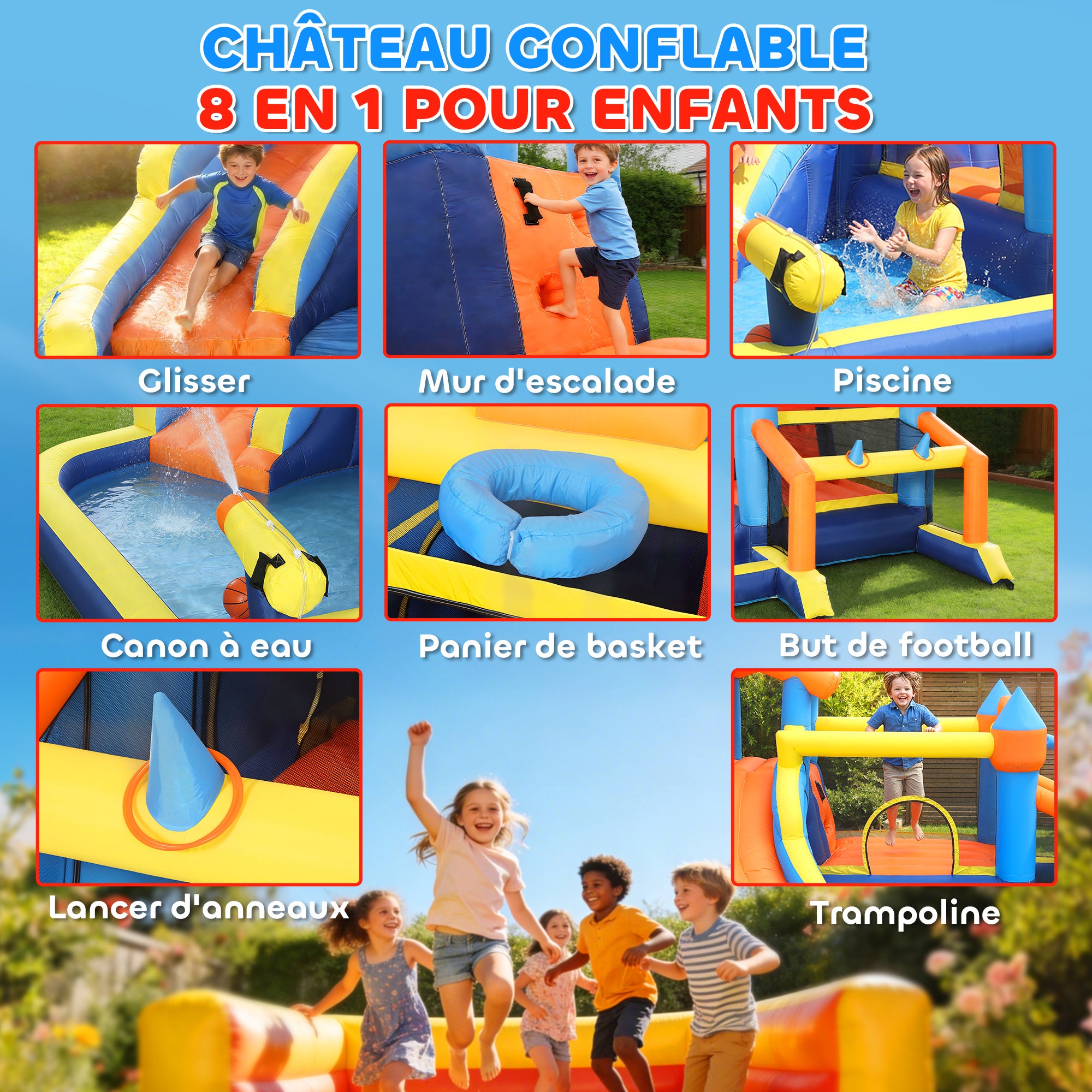 Château gonflable avec souffleur 8 en 1, parc aquatique, toboggan, trampoline, piscine à balles, multicolore