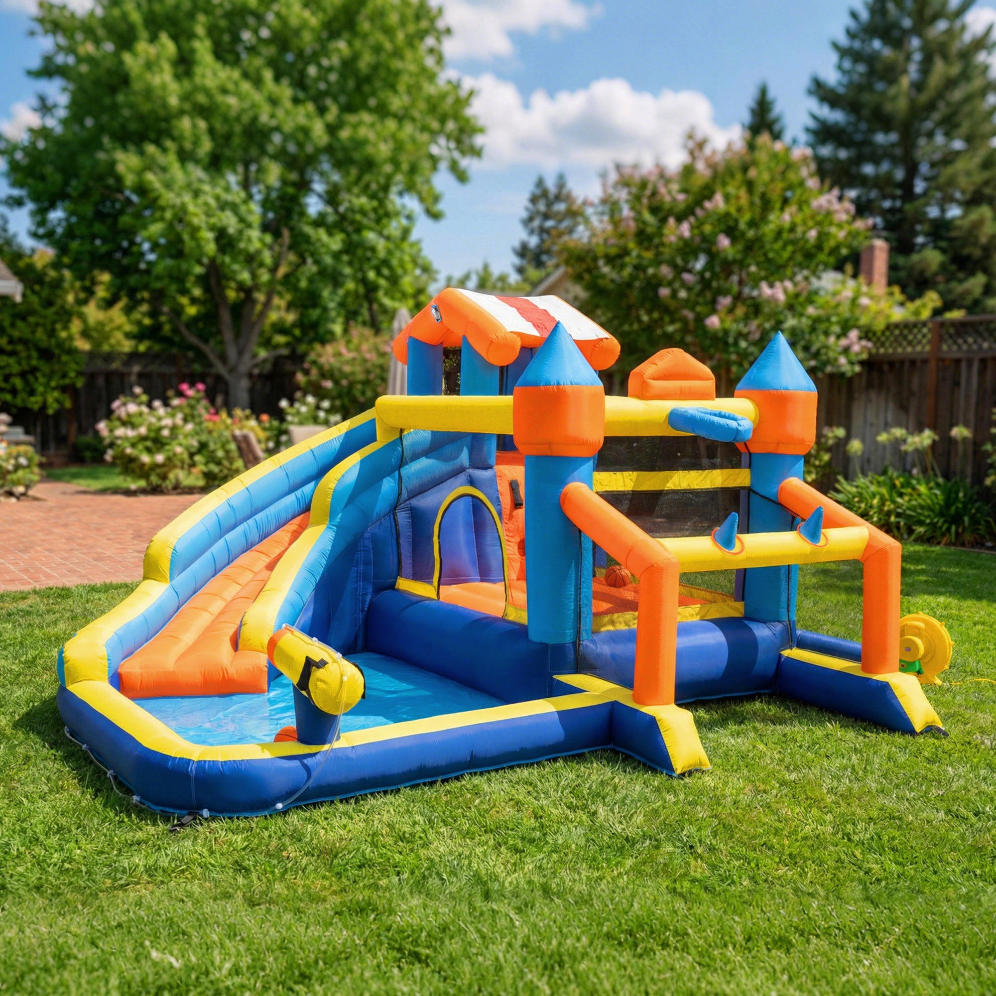 Château gonflable avec souffleur 8 en 1, parc aquatique, toboggan, trampoline, piscine à balles, multicolore