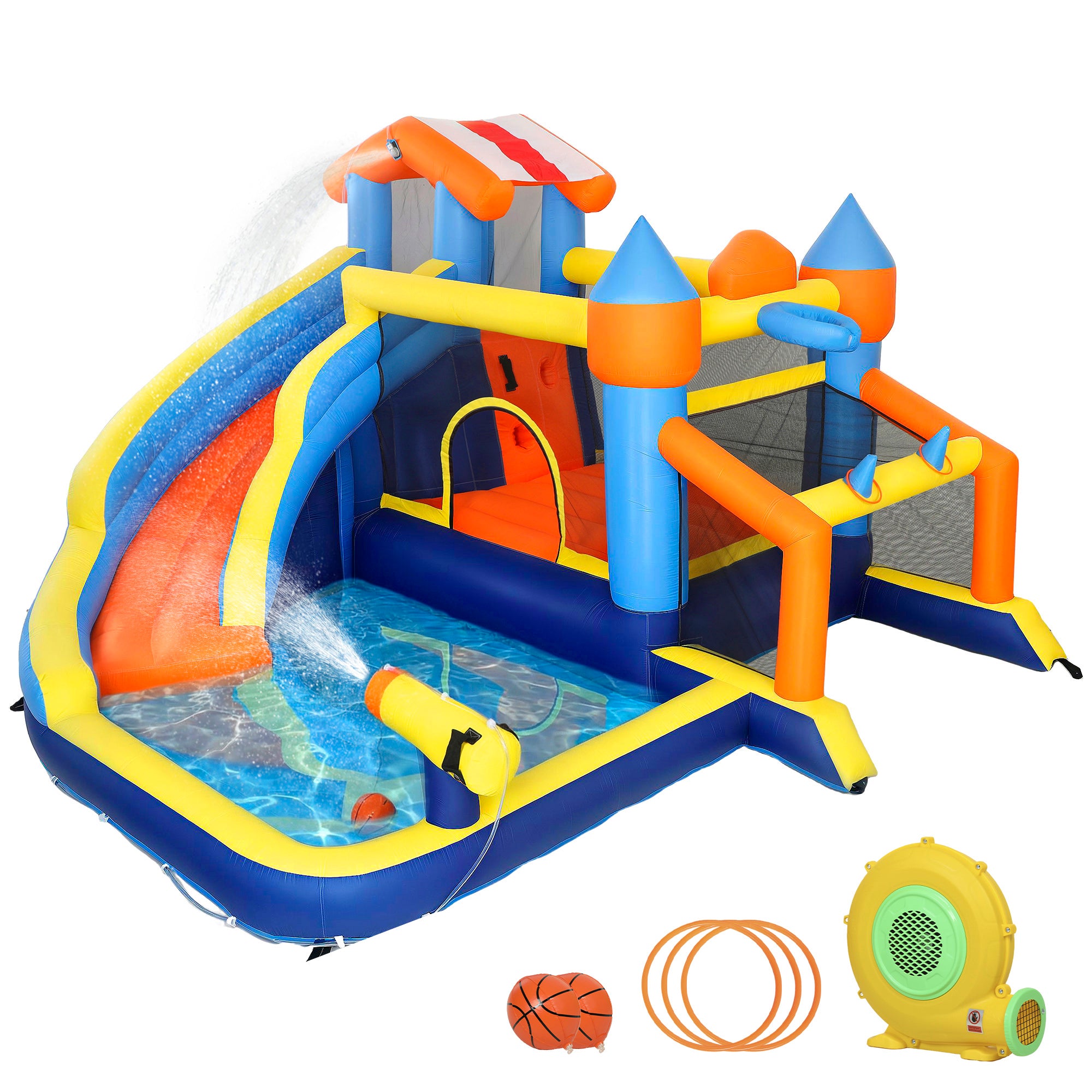Château gonflable avec souffleur 8 en 1, parc aquatique, toboggan, trampoline, piscine à balles, multicolore