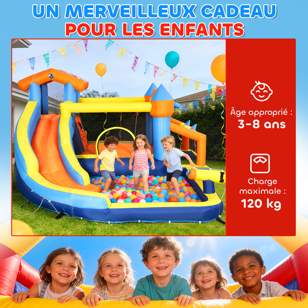 Château gonflable avec souffleur 8 en 1, parc aquatique, toboggan, trampoline, piscine à balles, multicolore