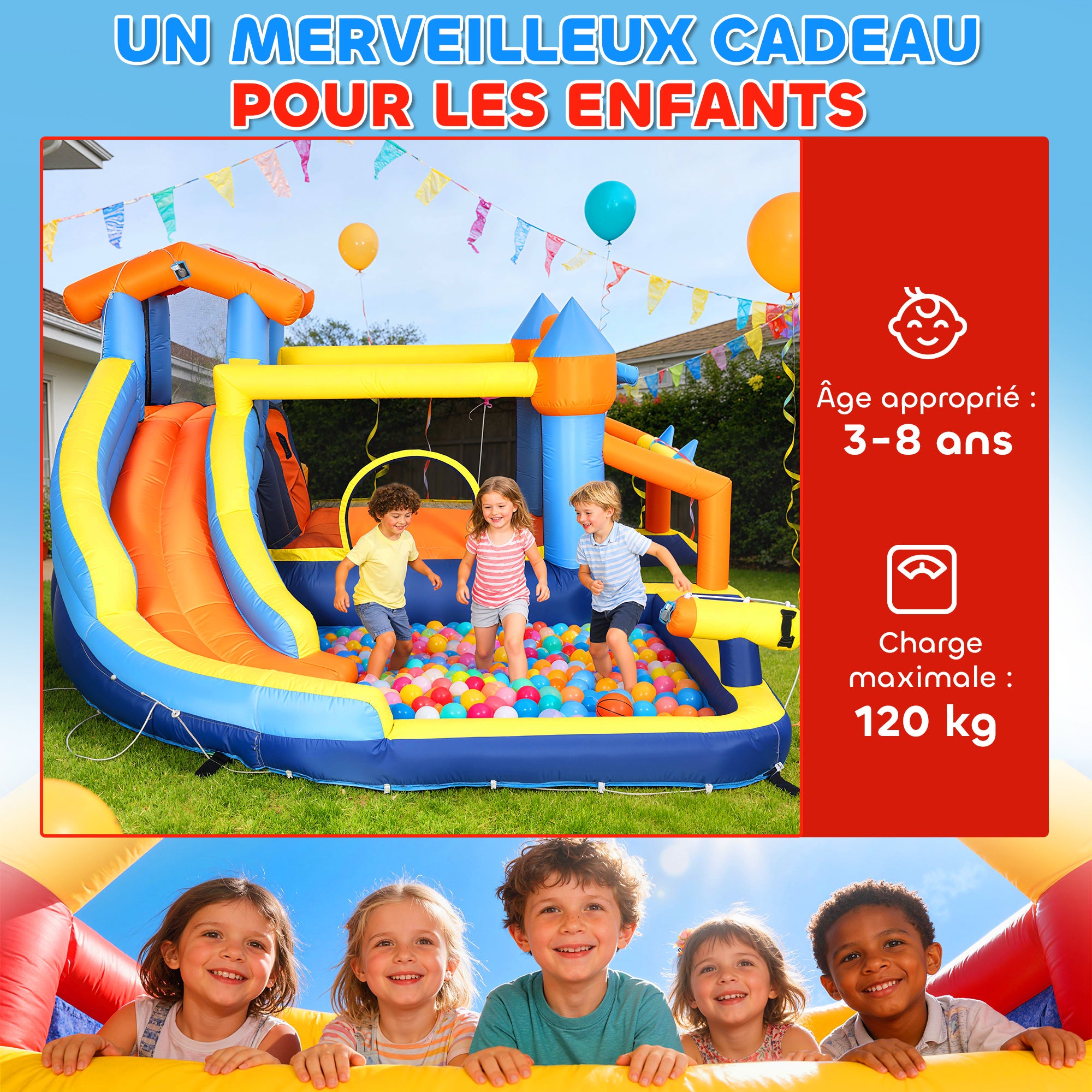 Château gonflable avec souffleur 8 en 1, parc aquatique, toboggan, trampoline, piscine à balles, multicolore